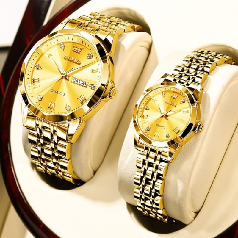 Olevs Stainless Steel Fashionable Couple Watches Golden