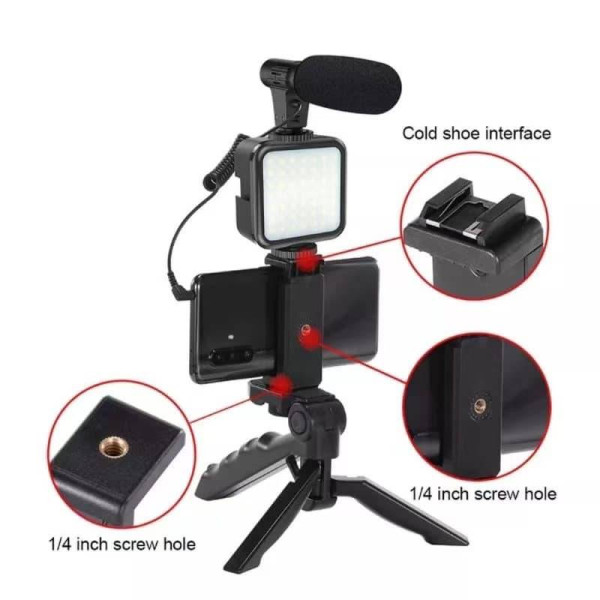 Previous Next Vlogging Kit-01LM With Light, Table Tripod Stand, Microphone & Phone Holder